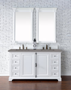 Providence 60" Double Vanity Cabinet, Bright White, w/ 3 CM Grey Expo Quartz Top James Martin