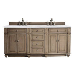 Bristol 72" Double Vanity, Whitewashed Walnut, w/ 3 CM Arctic Fall Solid Surface Top