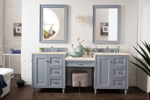 Copper Cove Encore 86" Double Vanity Set, Silver Gray w/ Makeup Table, 3 CM Eternal Marfil Quartz Top