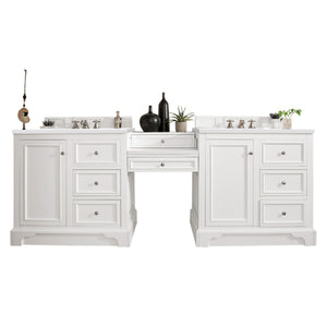 De Soto 94" Double Vanity Set, Bright White w/ Makeup Table, 3 CM White Zeus Quartz Top