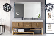 Load image into Gallery viewer, Columbia 72&quot; Double Vanity, Latte Oak, Radiant Gold w/ Glossy White Composite Top