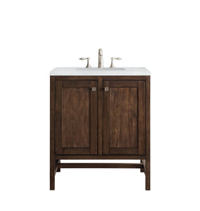 Addison 30" Single Vanity Cabinet (w/Doors), Mid Century Acacia, w/ 3 CM Arctic Fall Solid Surface Countertop James Martin