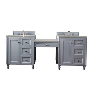 Copper Cove Encore 86" Double Vanity Set, Silver Gray w/ Makeup Table, 3 CM Eternal Serena Quartz Top