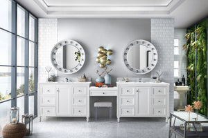 Copper Cove Encore 122" Double Vanity Set, Bright White w/ Makeup Table, 3 CM Arctic Fall Solid Surface Top