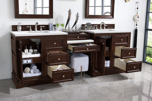 Bathroom Vanities Outlet Atlanta Renovate for LessDe Soto 94" Double Vanity Set, Burnished Mahogany w/ Makeup Table, 3 CM Arctic Fall Solid Surface Top