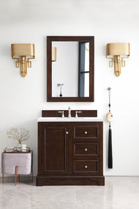 De Soto 36" Single Vanity, Burnished Mahogany w/ 3 CM White Zeus Quartz Top