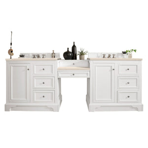 De Soto 94" Double Vanity Set, Bright White w/ Makeup Table, 3 CM Eternal Marfil Quartz Top James Martin