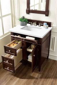 Brittany 30" Single Vanity, Burnished Mahogany, w/ 3 CM Classic White Quartz Top James Martin