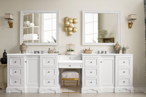 De Soto 118" Double Vanity Set, Bright White w/ Makeup Table, 3 CM White Zeus Quartz Top