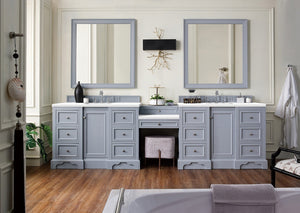 De Soto 118" Double Vanity Set, Silver Gray w/ Makeup Table, 3 CM Classic White Quartz Top James Martin