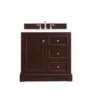 De Soto 36" Single Vanity, Burnished Mahogany w/ 3 CM White Zeus Quartz Top