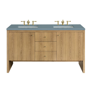 Hudson 60" Double Vanity, Light Natural Oak w/ 3CM Cala Blue Top