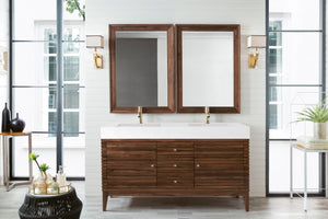 Linear 59" Double Vanity, Mid Century Walnut w/ Glossy White Composite Top