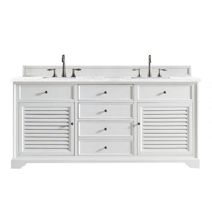 Savannah 72" Bright White Double Vanity w/ 3 CM Arctic Fall Solid Surface Top James Martin