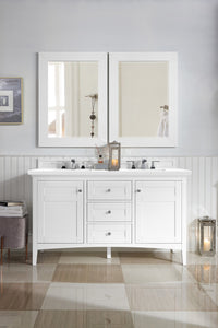 Palisades 60" Double Vanity, Bright White, w/ 3 CM White Zeus Quartz Top