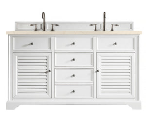 Savannah 60" Double Vanity Cabinet, Bright White, w/ 3 CM Eternal Marfil Quartz Top