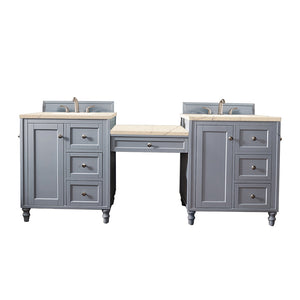 Copper Cove Encore 86" Double Vanity Set, Silver Gray w/ Makeup Table, 3 CM Eternal Marfil Quartz Top