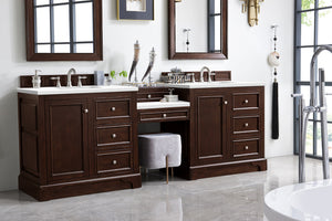 De Soto 94" Double Vanity Set, Burnished Mahogany w/ Makeup Table, 3 CM White Zeus Quartz Top