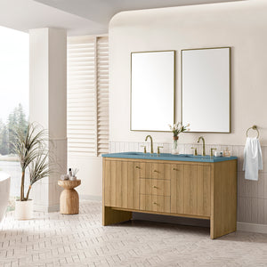 Hudson 60" Double Vanity, Light Natural Oak w/ 3CM Cala Blue Top