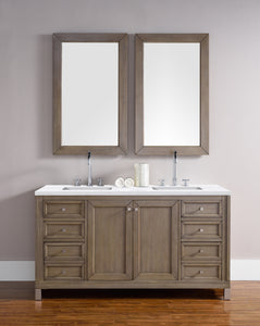 Chicago 60" Double Vanity, Whitewashed Walnut w/ 3 CM Arctic Fall Solid Surface Top
