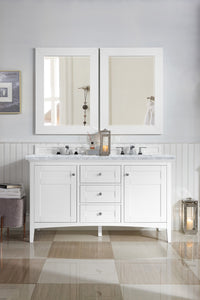 Palisades 60" Double Vanity, Bright White w/ 3 CM Carrara Marble Top