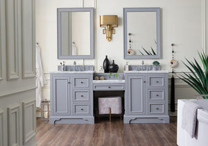 De Soto 82" Double Vanity Set, Silver Gray w/ Makeup Table, 3 CM Carrara Marble Top
