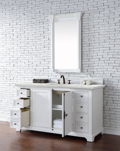 Providence 60" Single Vanity Cabinet, Bright White, w/ 3 CM Eternal Jasmine Pearl Quartz Top James Martin