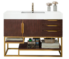 Load image into Gallery viewer, Columbia 48&quot; Single Vanity, Coffee Oak, Radiant Gold w/ Glossy White Composite Top
