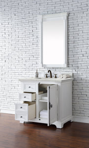 Providence 36" Single Vanity Cabinet, Bright White, w/ 3 CM Eternal Jasmine Pearl Quartz Top James Martin