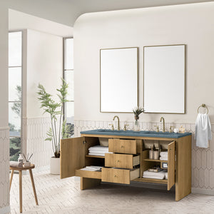 Hudson 60" Double Vanity, Light Natural Oak w/ 3CM Cala Blue Top