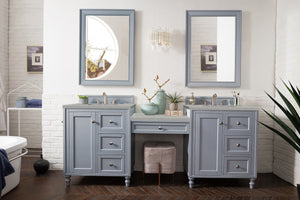 Copper Cove Encore 86" Double Vanity Set, Silver Gray w/ Makeup Table, 3 CM Eternal Serena Quartz Top