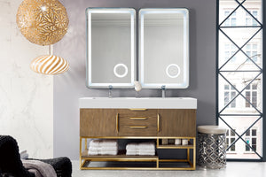 Columbia 59" Double Vanity, Latte Oak, Radiant Gold w/ Glossy White Composite Top
