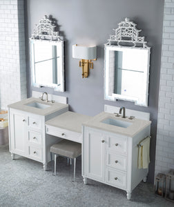 Copper Cove Encore 86" Double Vanity Set, Bright White w/ Makeup Table, 3 CM Eternal Serena Quartz Top